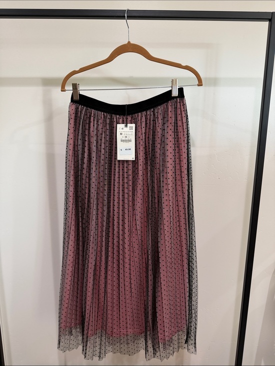 Zara Dresses & Skirts - Zara Pink Lined Midi Skirt with Black Polka Dot Overlay